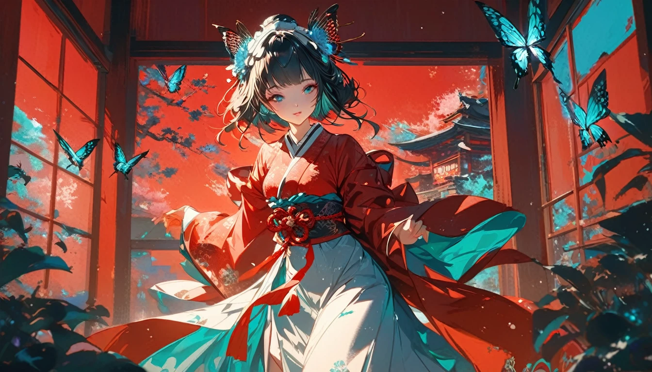 moonlight backlight,light particles,masterpiece, lily,blue flower,aqua color flower,fluttering petals,flower headdress,shining butterfly,window, a girl in a red geisha costume, very gorgeous kimono, large-scale murals, multilayered dimensions, red sky, Red Japanese architecture, anime wallpaper lovely red lantern girl, in the style of stage-like environments, japanese-style landscapes, digital art techniques