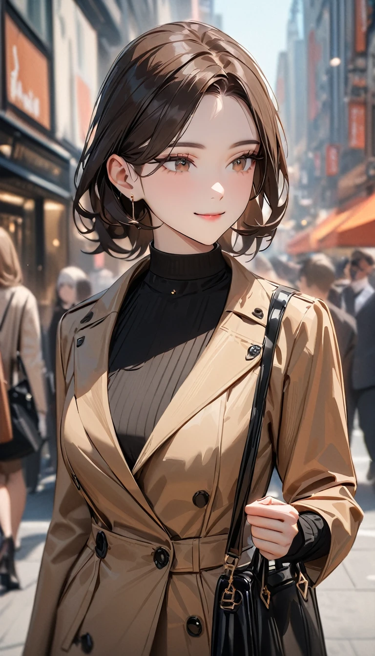 masterpiece , modern, Verism, masterpiece, super detail, best quality, 4K , (upper body), a woman, dark brown hair, stylish outfit, mature female, light smile , carrying a designer bag in her hand, strolling through city
