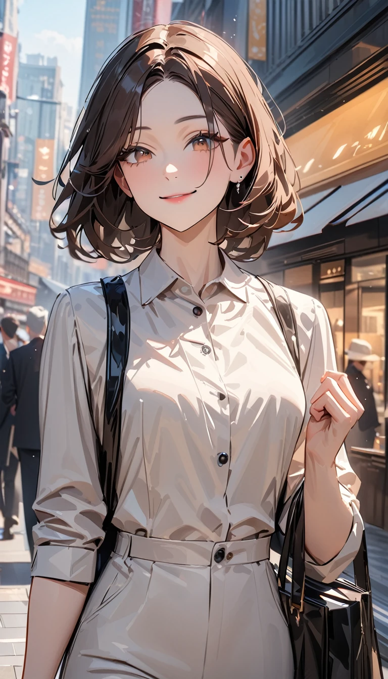 masterpiece , modern, Verism, masterpiece, super detail, best quality, 4K , (upper body), a woman, dark brown hair, stylish outfit, mature female, light smile , carrying a designer bag in her hand, strolling through city