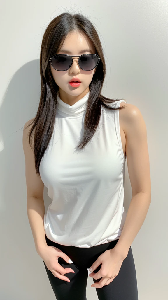 vivid,Normal chest,((between legs)),cute,(Detailed face),Wearing sunglasses on your head,cloth,Sharp Eyes,Turtleneck sleeveless sporty lightweight(White plastic)Clothes,Ultra-high resolution,(Photorealistic:1.7),Black long hair,Gray background,