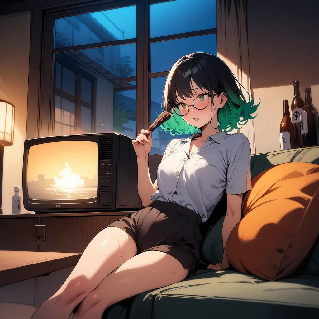 (masterpiece),(best quality),very aesthetic,(ultra-detailed),(super-fine illustration),vibrant colors,high saturation,nsfw,1girl,25yo,slender,tall,medium hair,black hair,natural wave hair,flipped hair,dark green eyes,enjoyable,comfortable,satisified,glasses,fan,fanning herself with the fan,sweat,cool, (monk's working clothes with gradient earth color),short sleeves,living room,window,air-conditioner,Urban landscape outside the window,television,table,(drunk:1.2),japanese sake bottle,sake cup,reclining on couch,side dish,night,dinner time,cowboy shot,looking away