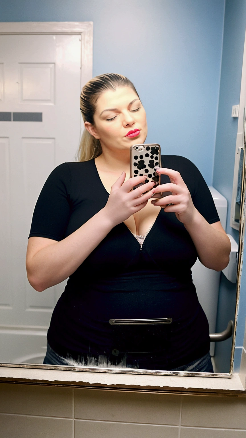 Chubby woman, 40 years old white Caucasian woman inside bathroom, mirror selfie, long straight blonde hair, bra and panties , big hips, thick thighs, casual clothed, natural huge breasts, Full Body Shot, From Above View, High Angle View, close up selfie point of view, no makeup, messy hair, morning face, chubby, taking a selfie, drunk face