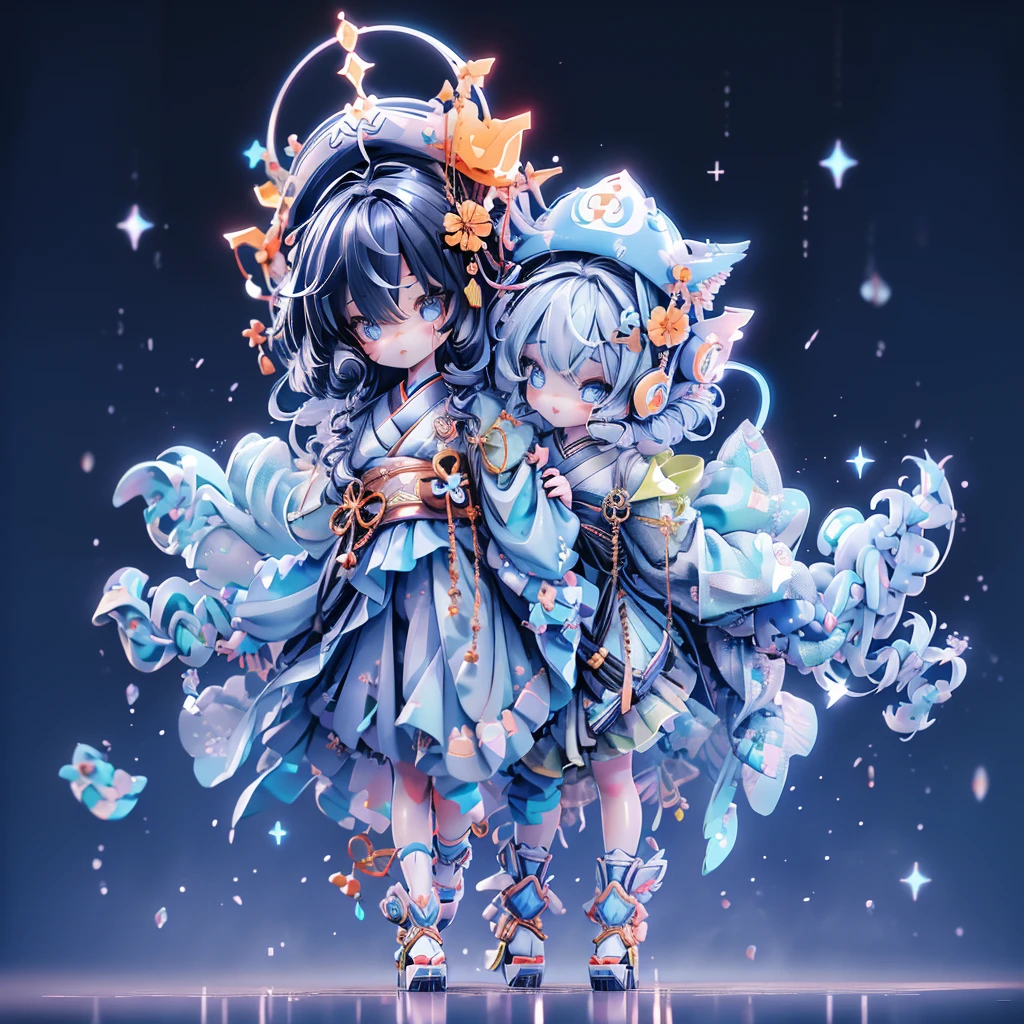 High quality, beautyfull girl, masterpiece, starry hair,blue hair, sparkle eyes, kimono clothes, cat tail,cat ears, japanese girl, aesthetic, very cute, 8k, kitsune mask, starry sky, glow hair, perfect face, night
