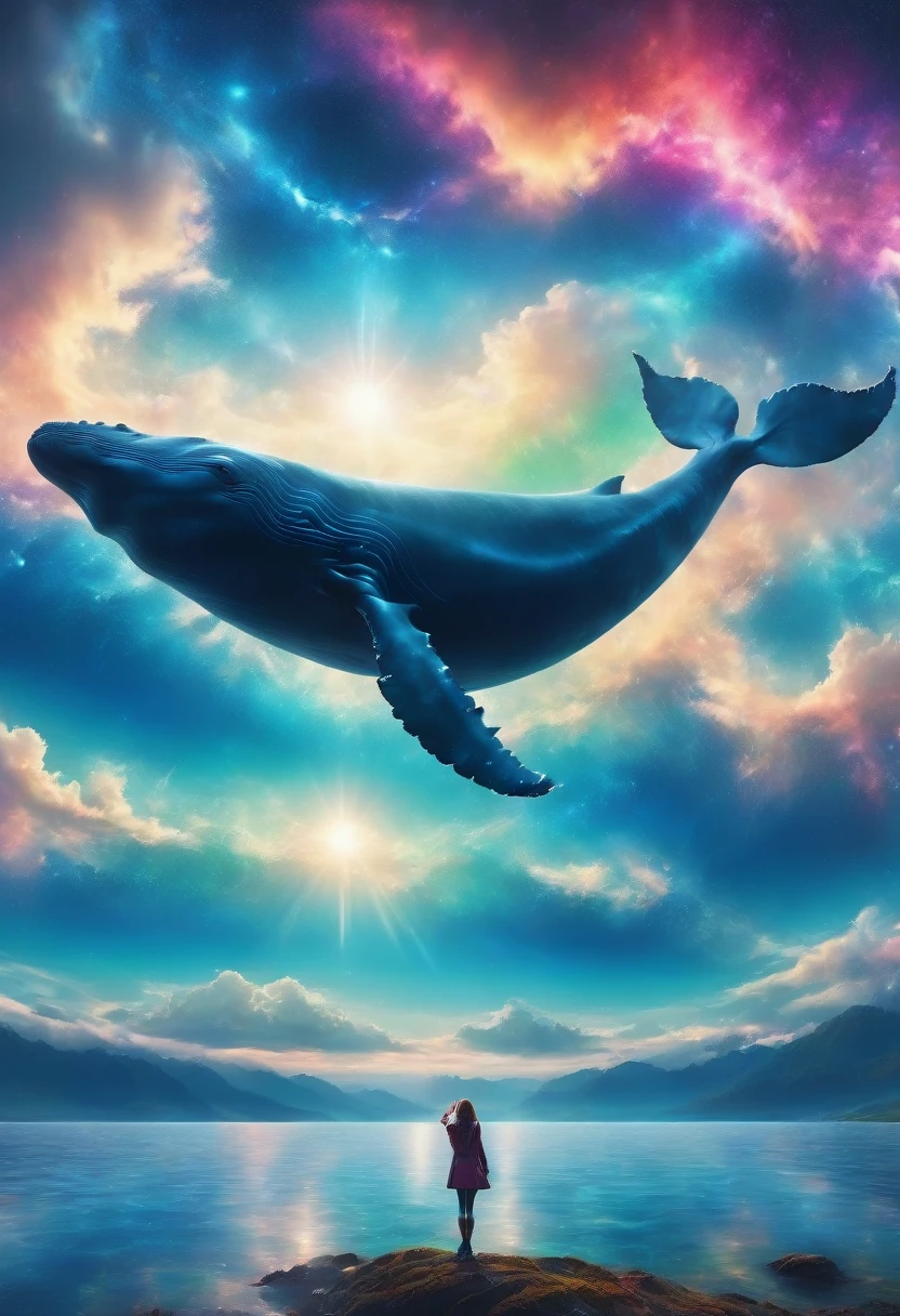 a giant blue whale crossing the (sky), a girl raising her finger, natural architecture, depth, northern lights, (best quality,4k,8k,highres,masterpiece:1.2),ultra-detailed,(realistic,photorealistic,photo-realistic:1.37),fantasy,surreal,dramatic lighting,vibrant colors,cinematic,ethereal