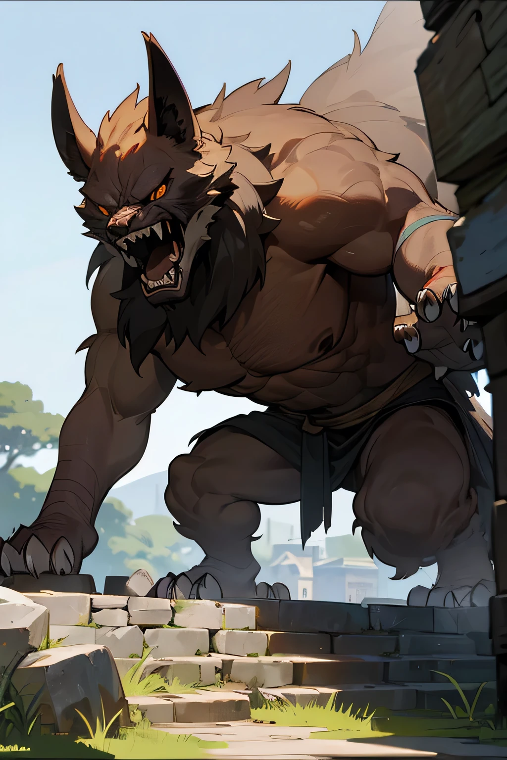 a large beast with sharp claws and huge teeth, Near a medieval village with stone houses and thatched roofs in an epic fantasy setting