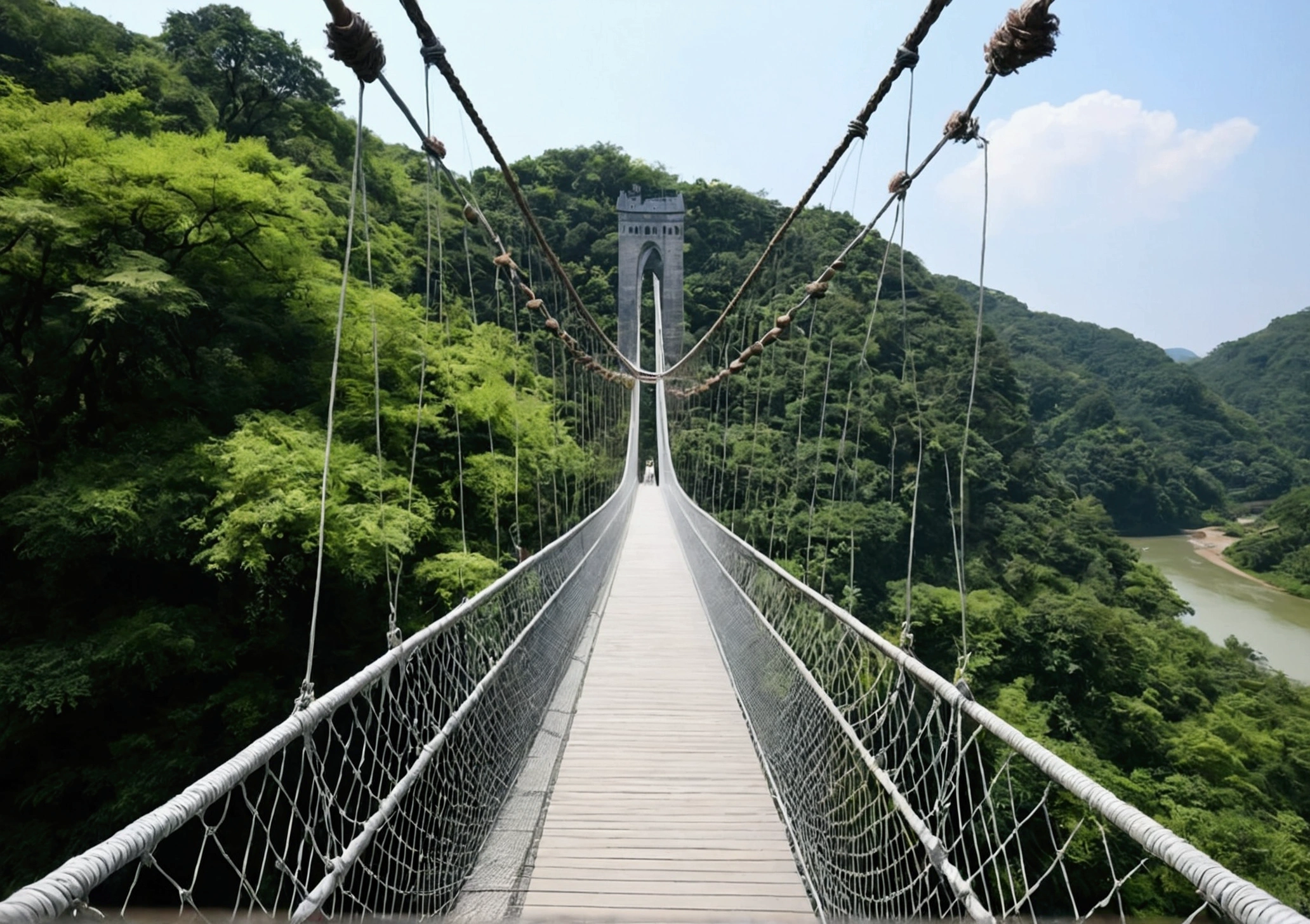 A suspension bridge with a scenic view, Daytime、summer、 river.