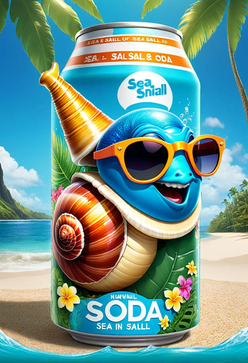A tall call of soda the label reads Sea Snail Soda, there is a picture of a sea snail wearing a Hawaiian shirt and sun glasses