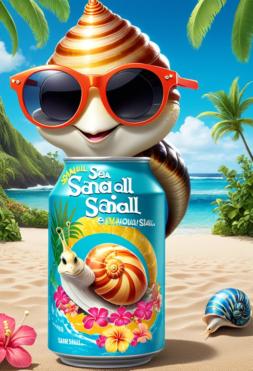 A tall call of soda the label reads Sea Snail Soda, there is a picture of a sea snail wearing a Hawaiian shirt and sun glasses