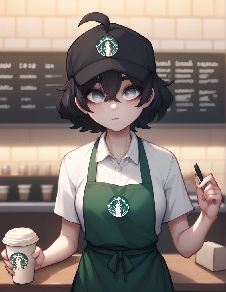 1 girl, alone, ppka, black fur, short hair, messy fur, Ahoge, parts, parts por todo el cuerpo, grey eyes, blind eyes, kind eyes, mirada amable, sexy look, looking at the viewer, slight blushing,
coffee shop, Starbucks, Counter, detrás del Counter, taking order from spectator White blouse, black cap, Green apron, uniforme de starbucks, (uniforme de starbucks)
smooth skin, human skin, pale skin,