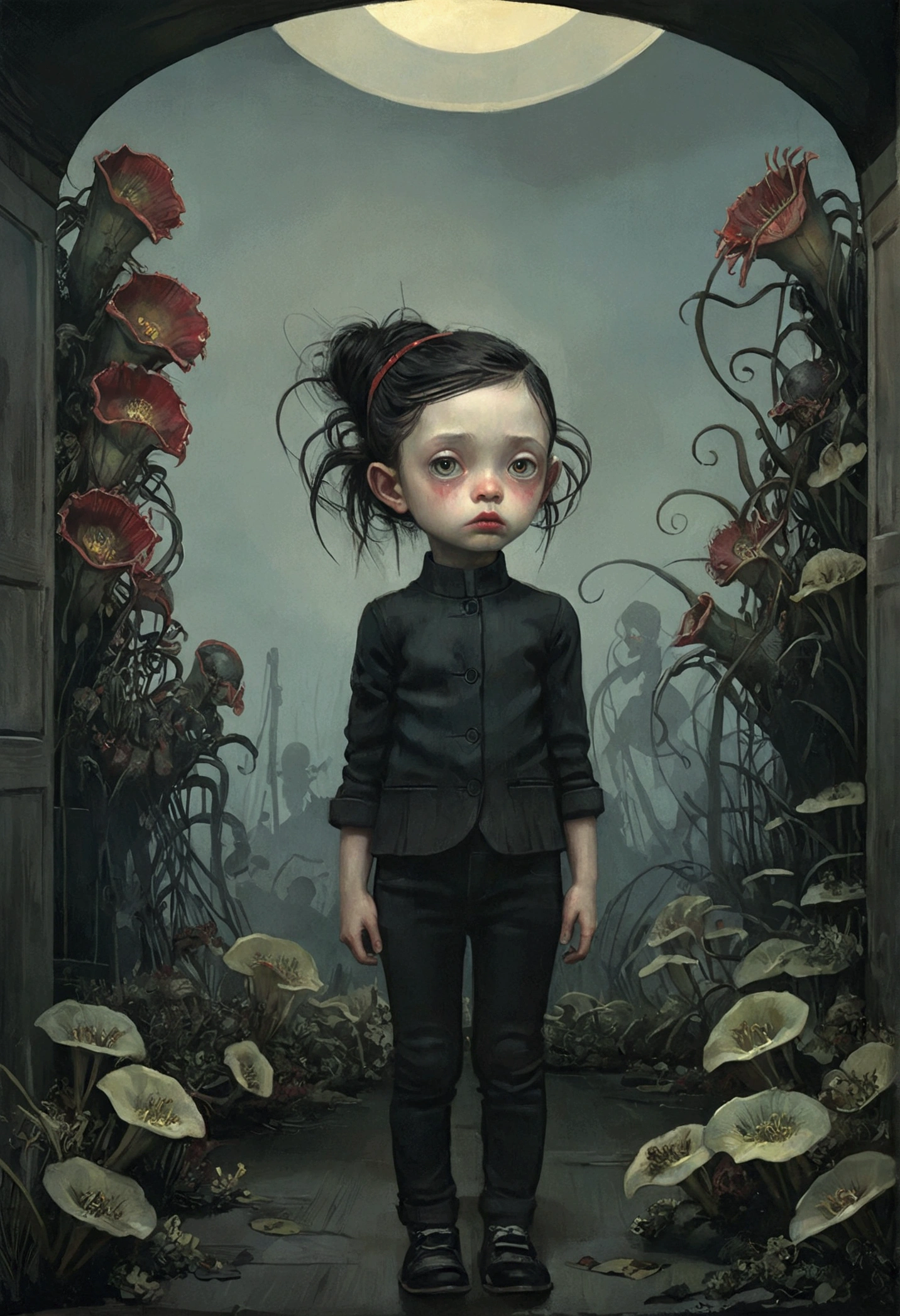 A girl with a terrified expression., surrounded by carnivorous plants. The scene takes place in a dark and melancholic atmosphere.., reminiscent of Tim Burton's gothic aesthetic. The girl's eyes are wide, Show your fear, while his lips tremble. Carnivorous plants are threatening and elaborate., with intricate details on its blades and sharp tooth-like structures. The overall image quality is of the best resolution and realistic., with ultra detailed rendering. The color palette is dominated by, Dark tones, Improve the eerie atmosphere. The lighting is spectacular, casts long shadows and creates a sense of mystery. in the style of Esao Andrews, Jenny Saville, Edward Hopper, surrealism, Dark art by James Jean, Takato Yamamoto, Punk ink minimalism