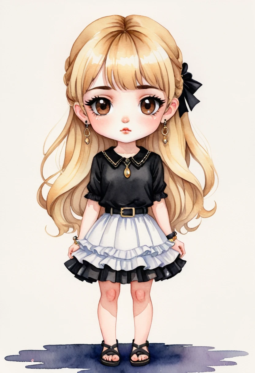 chibi,digital artwork, illustrative, painterly, matte painting, highly detailed ,Miniature Painting, watercolor style, cartoon A woman looking straight ahead,Perfect face, she has blonde hair with bangs, brown eyes, small freckles on her face, earrings in her ears and a chain on her arm. She is wearing a black skirt and white blouse with ruffles. She has black sandals on her feet. watercolor style, kawaii style. high quality, by Harumi Hironaka and Camilla d'Errico