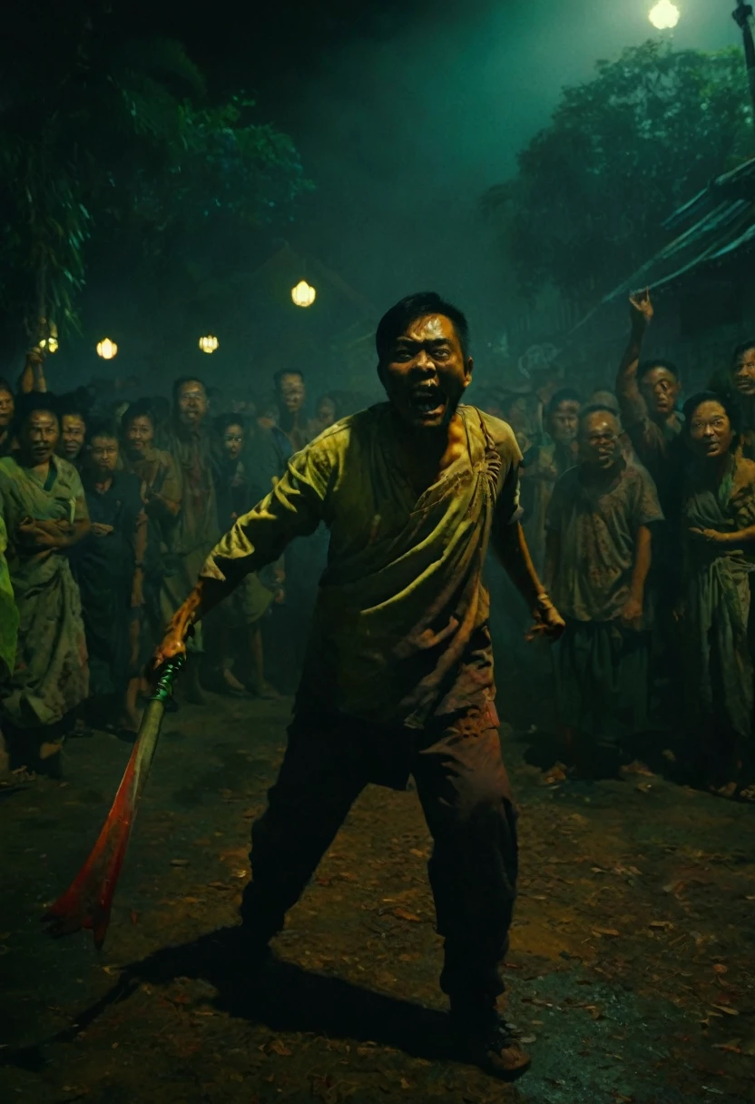 A terrifying Malacca Empire zombie stands at the center with arms stretched out at a 90-degree angle, glaring menacingly forward. The zombie is adorned with a Malacca Malay warrior costume, holding a long Javanese curves machete . Below, a panicked crowd is depicted, fleeing from the pursuing zombie. The surroundings are dimly lit, showing the faint glow of a small town. The color palette is dark and ominous, creating an atmosphere of fear. The overall composition reflects an Asian horror movie poster. hyper detail, extreme details