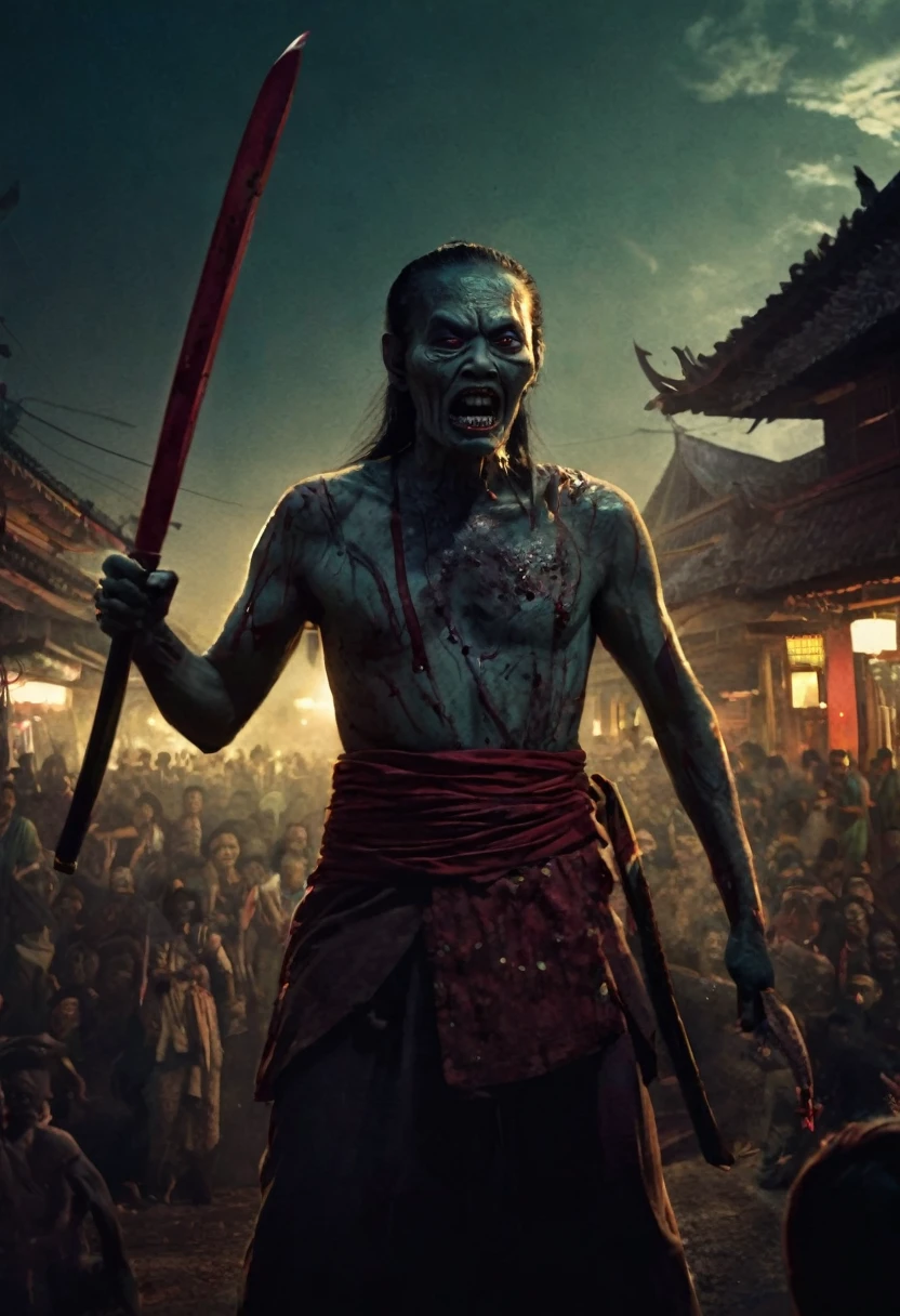 A terrifying Malacca Empire zombie stands at the center with arms stretched out at a 90-degree angle, glaring menacingly forward. The zombie is adorned with a Malacca Malay warrior costume, holding a long Javanese curves machete . Below, a panicked crowd is depicted, fleeing from the pursuing zombie. The surroundings are dimly lit, showing the faint glow of a small town. The color palette is dark and ominous, creating an atmosphere of fear. The overall composition reflects an Asian horror movie poster. hyper detail, extreme details