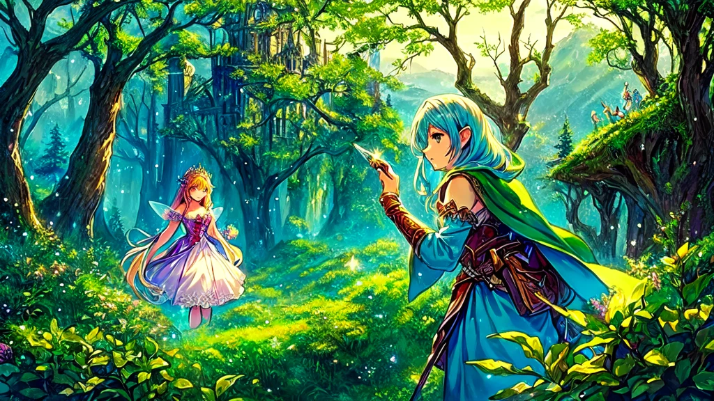 Painting of a fairy and a fairy princess in the forest, epic Fantasy art style hd, Fantasy fairy tale, Fairy Kingdom Forest, Highly detailed official artwork, magical fantasy forest, Coriolios RPG Art Style, Anime fantasy illustration, Fantasy art style, fantasy game art style, Shadowverse Style, enchanted magical fantasy forest, Fantasy-style anime, fairy tale artwork、16:9