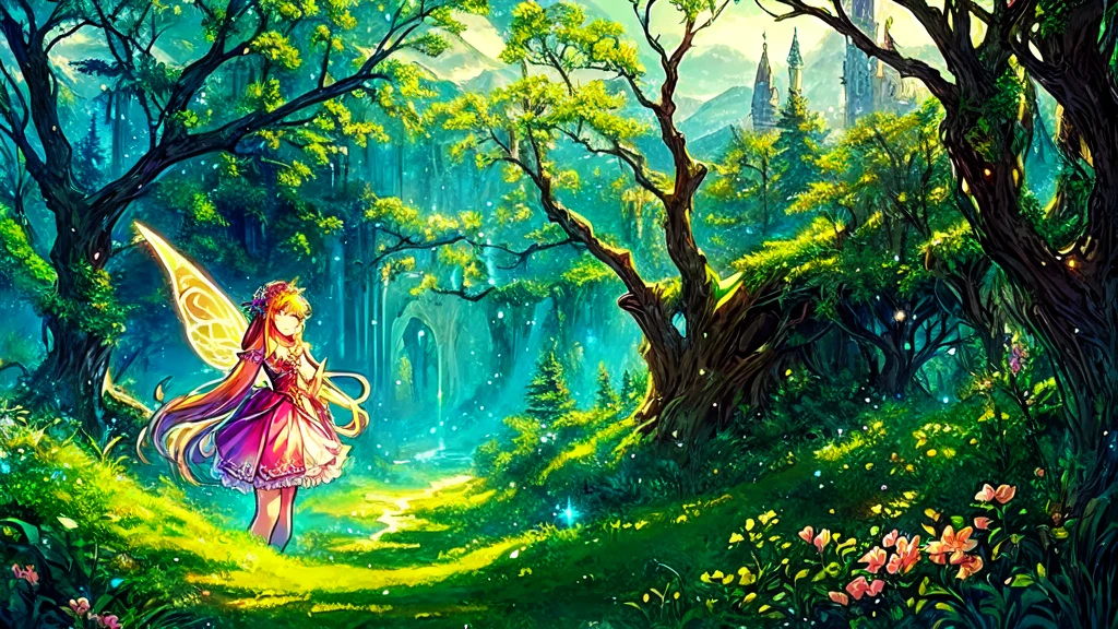 Painting of a fairy and a fairy princess in the forest, epic Fantasy art style hd, Fantasy fairy tale, Fairy Kingdom Forest, Highly detailed official artwork, magical fantasy forest, Coriolios RPG Art Style, Anime fantasy illustration, Fantasy art style, fantasy game art style, Shadowverse Style, enchanted magical fantasy forest, Fantasy-style anime, fairy tale artwork、16:9