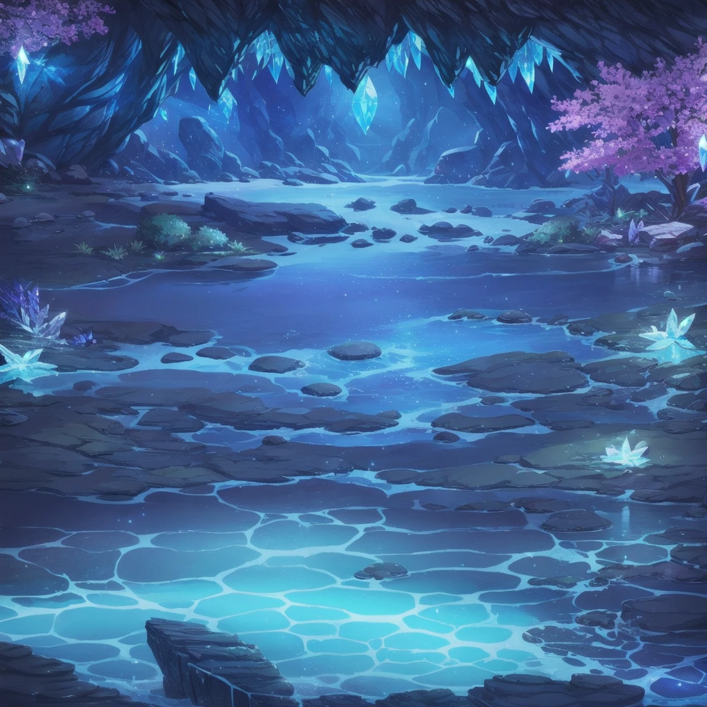 concept art, Horizontal Scene, horizon composition, There are no humans, sight, outdoors, water, tree, crystal, night, cave, rock,