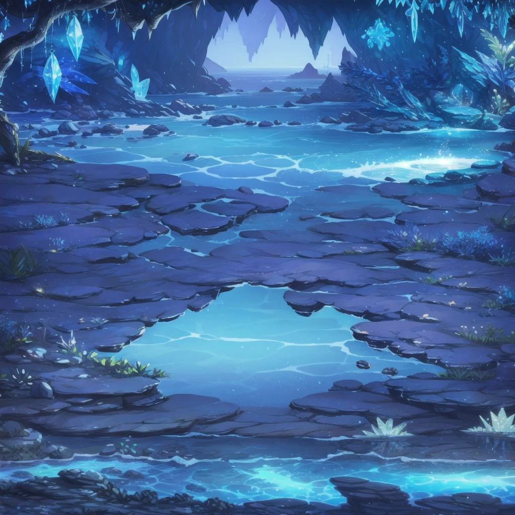 concept art, Horizontal Scene, horizon composition, There are no humans, sight, outdoors, water, tree, crystal, night, cave, rock,