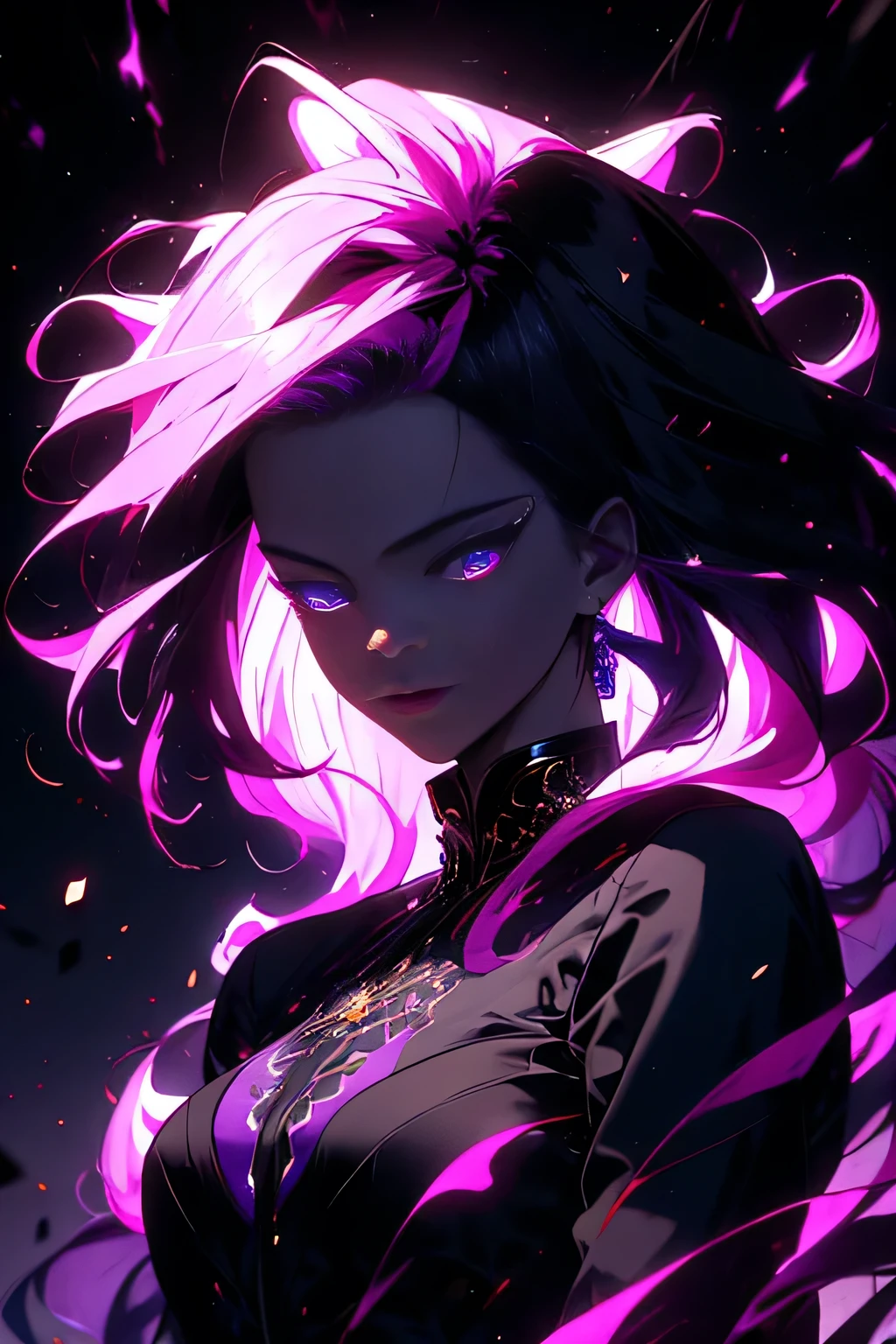 Masterpiece artwork, Best quality at best, ultra-high resolution, The beautiful, the stunning visual shock, chic, incredibily detailed, award-winning painting, (black art:1.1), deep shading, (dark theme:1.1), genome, Jumpy, Ablaze, (purple aura:1.2),vibration, flying debris, flying debris,cg rendering,ray tracing,
