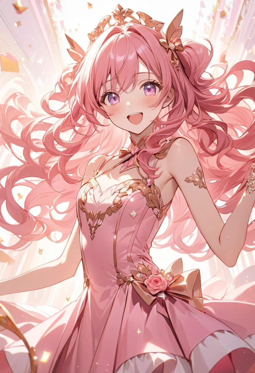 $masterpiece$, best quality, expressive eyes, perfect face, a magical girl, pink hair and eyes, solo, long curly hair, elegant dress, pink gold and rose gold color theme, skinny, happy, anime