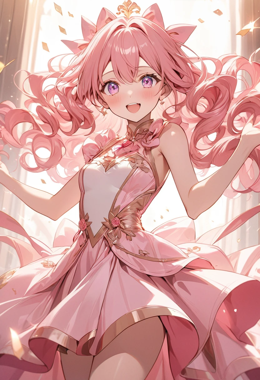 $masterpiece$, best quality, expressive eyes, perfect face, a magical girl, pink hair and eyes, solo, long curly hair, elegant dress, pink gold and rose gold color theme, skinny, happy, anime