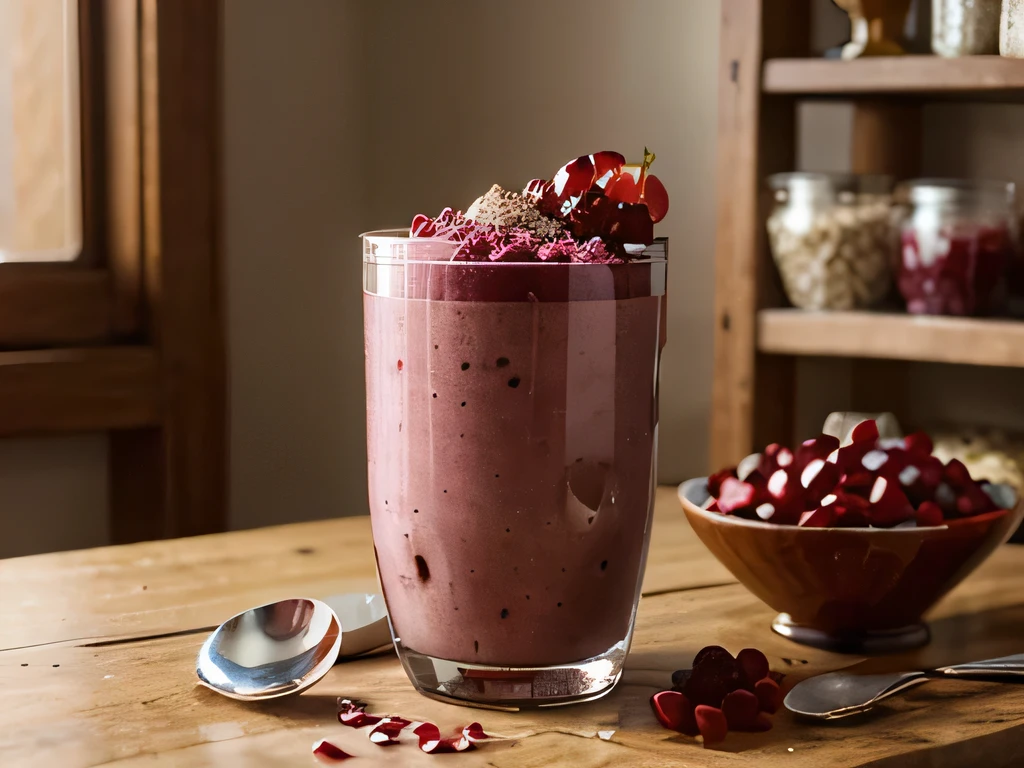 Create a photo of a pomegranate smoothie ,beet, hemp seed oat milk let the decoration be the ingredients and be in a shop glass