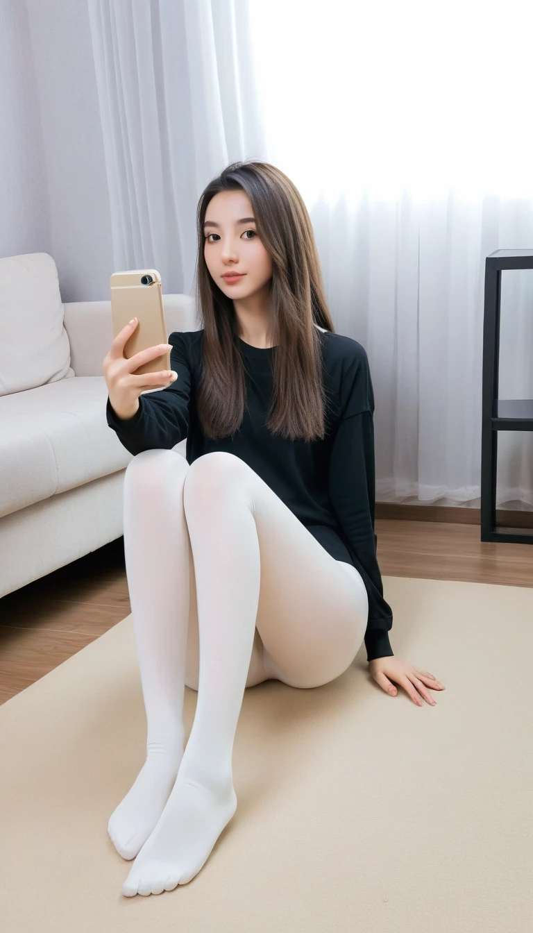 A woman takes a selfie while sitting on the floor, Photos of slim girls, Girl squatting, She is about 20 years old, She is about 20 years old, High-quality video, Smooth white tights set, 1 8 Yes, She is about 16 years old,