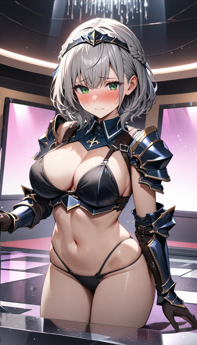 best quality,ultra detailed,extremely detailed and beautiful,perfect anatomy,perfect hands, (solo,1girl),(shirogane noel),embarrassed,green eyes,grey hairr,french braid, short hair,breasts,black choker,(small micro black bikini),(low rise bikini armour),Live Floor,Mirror ball