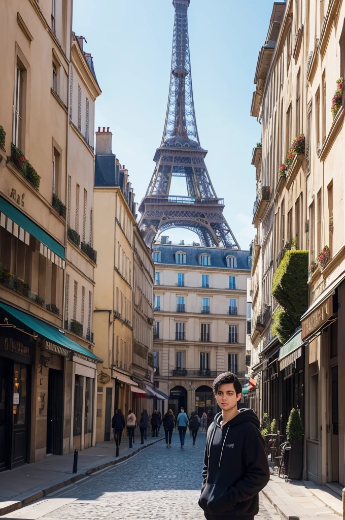Generate a full-body portrait of a young man with short, styled dark hair, similar to the one in the reference image. He should be wearing a blue hoodie and looking directly at the camera with a confident, relaxed demeanor. The background should be an ultra-realistic scene of Paris, showcasing iconic landmarks such as the Eiffel Tower and the Seine River, with vibrant city life and classic Parisian architecture. Include details like cobblestone streets, people walking, and outdoor cafes. The lighting should reflect a clear day, with natural shadows and highlights to enhance the realism of the scene.