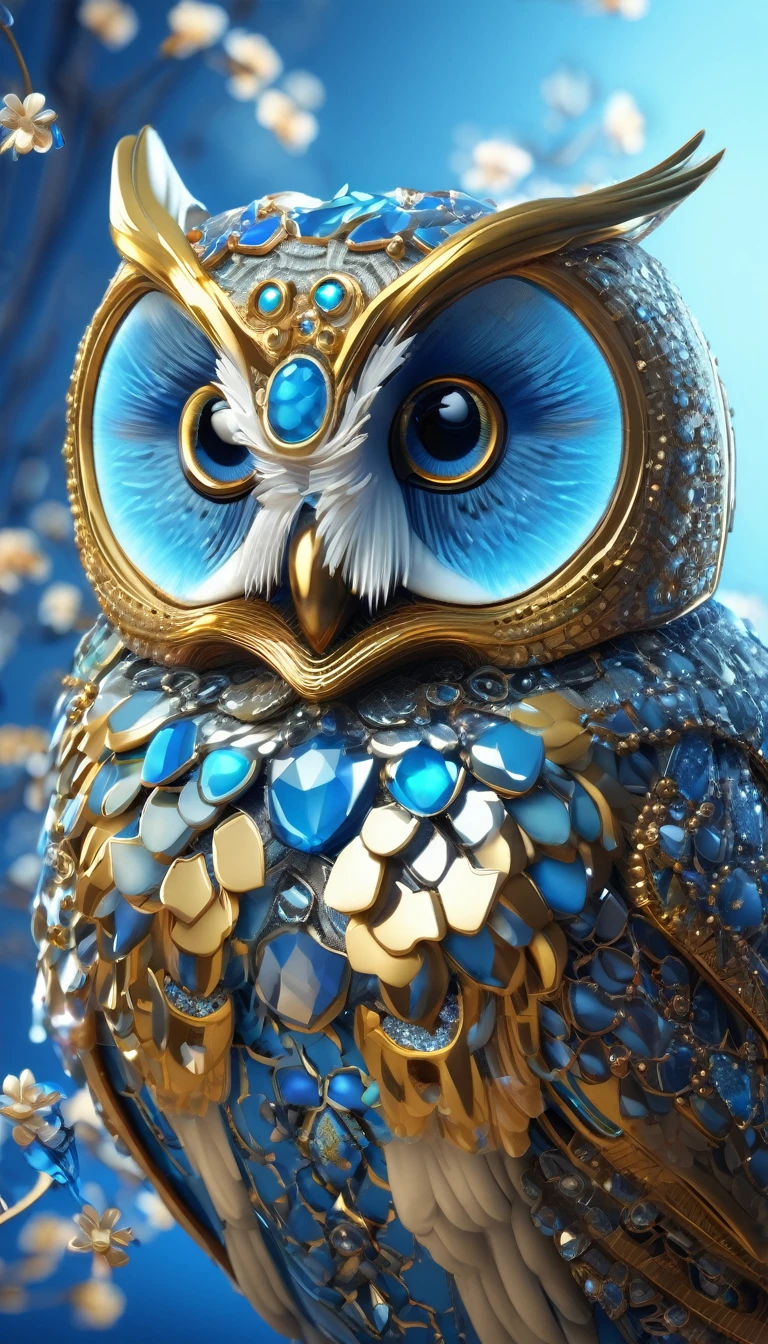 Blue eyed owl image, Unreal Engine Rendering, Very detailed , Bee Global Illumination, Exquisite and gorgeous jewelry, Popular trends on cgisociety, Motion Graphics, rossdraws Global Illumination, CG Society