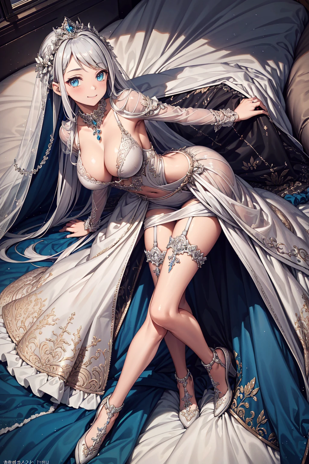 (best quality,4K,8ก,high resolution,Masterpiece:1.2),very detailed,beautiful girl,queen,magic,charming,happiness,sacred,magical effect,silver hair,blue eyes,light pink wedding dress,bridal crown,a small amount of blue cloth,exquisite clothes,Floor skirt,lace details,Delicate ruffles,bedroom,alone,at night,Lace stockings,แถบsacred,transparent clothes,decorated with jewelry,big breasts,big tits,Complete breasts,The crevice is clear.,(big breasts:1.3)