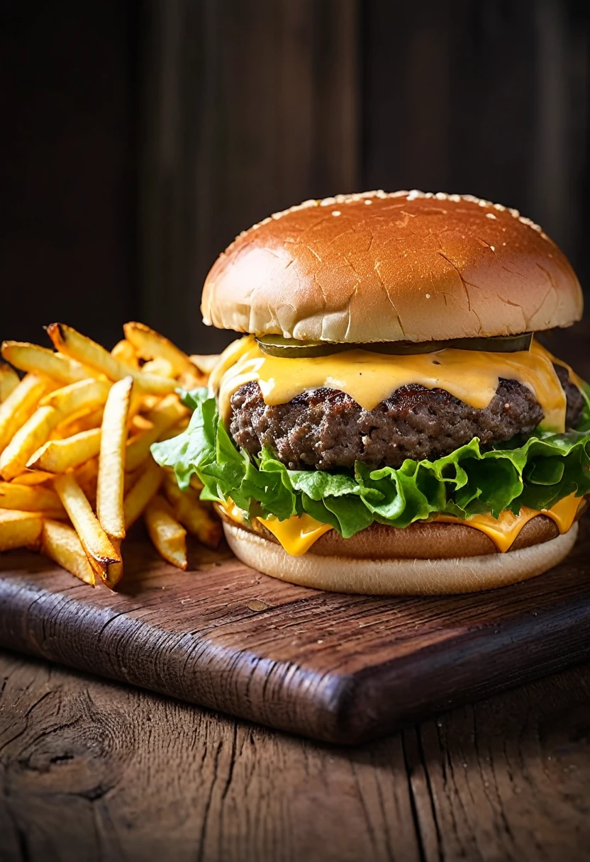 /imagine prompt: A succulent burger with melted cheese, fresh lettuce and juicy tomato, accompanied by crispy French fries, on a rustic wooden table, soft lighting that highlights the vibrant colors, photography, Canon EOS R5 camera with 50mm lens f/1.2, --ar 16:9 --v 5