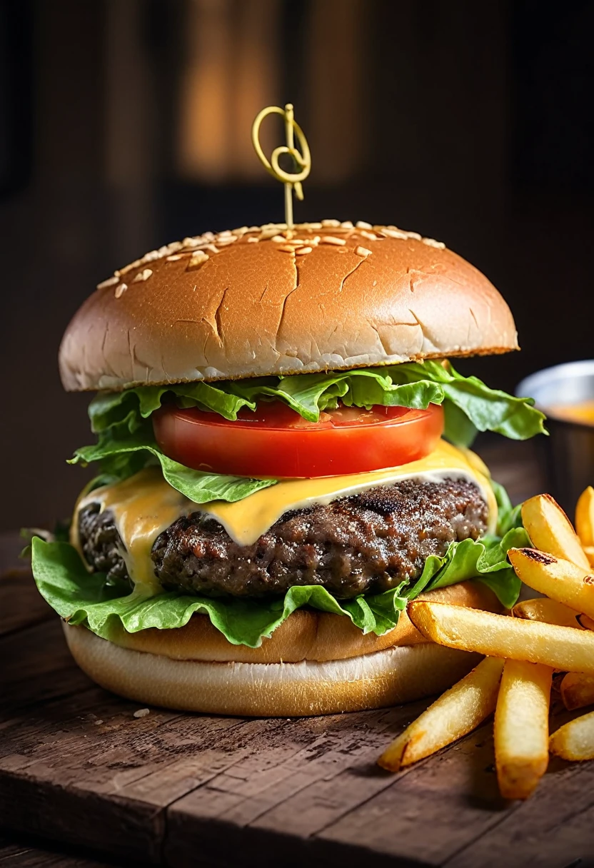 /imagine prompt: A succulent burger with melted cheese, fresh lettuce and juicy tomato, accompanied by crispy French fries, on a rustic wooden table, soft lighting that highlights the vibrant colors, photography, Canon EOS R5 camera with 50mm lens f/1.2, --ar 16:9 --v 5
