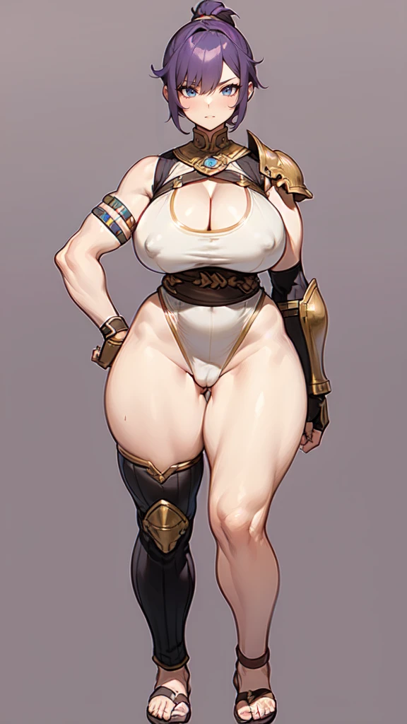 (masterpiece), best quality, female warrior, huge girl, female muscular:1.2, shoulder armor, pauldron, (((blank background))), ((full body)), fingerless gloves, sandals, sleeveless, covered nipples, ((buzzcut hairstyle)), purple hair, hair over eyes, (wide hips:1.5), thick thighs:1.7, ((camel toe)), (cleavage), 