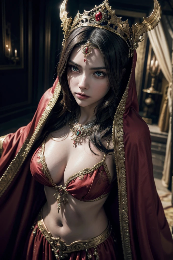 A beautiful detailed woman statue in a hooded cloak, wearing a crown, with seductive large breasts, glowing red eyes, and open arms, masterpiece, 8k, photorealistic, cinematic lighting, fantasy, dark, dramatic, chiaroscuro, dramatic shadows, dramatic lighting, moody, atmospheric, hyper detailed, intricate, ornate, ornamental, ornate details, impeccable details, highly detailed, ornate headpiece, flowing fabric, dramatic pose, cinematic composition, grand scale