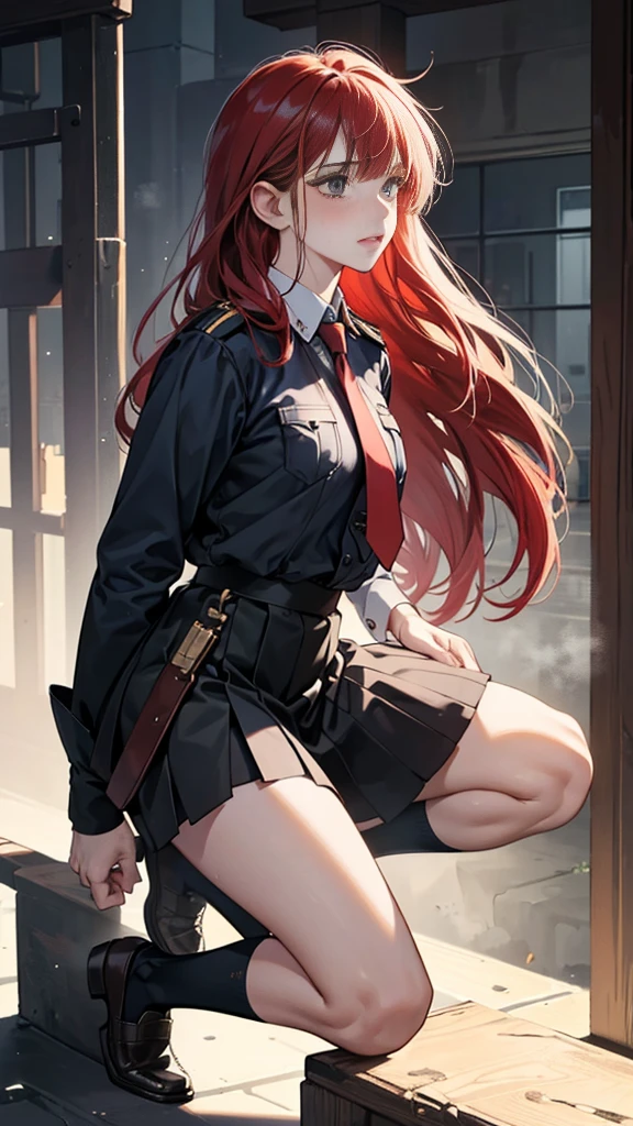 {{masterpiece}}, {{{Highest quality}}},{{Very detailed}}, {{figure}},{{tall}},{{Adult female}},,{{Fighting stance}},｛from side｝,{{Long sleeve mini skirt uniform}},{on one knee{}},}}{}},{fighting stance}},{},{}, ,{{}},{{Eyelet foot}},,{{}},{{}},,{{}},{{}},,Slender body}}{{Avoidance}}{{Female police officer}},,,,suspenders　,Long sleeve mini skirt uniform, White High Socks,Black fingerless gloves, Long Red Hair, Red tie,Straight hair ,Blunt bangs,Thigh holster,.amountn loafer,,blush,Wrinkles ,amount,Grit your teeth,suffering,v-shaped eyeamounts.,Sweat dripping,Medium chest ,get annoyed,,Slums,,Twisting,