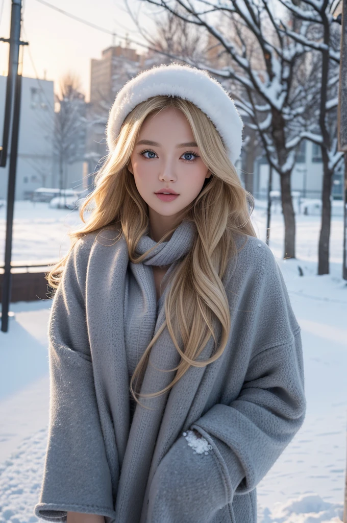 proFessional portrait photograph oF a gorgeous Norwegian girl in winter clothing with long wavy blonde hair, sultry Flirty look, gorgeous symmetrical Face, Cute natural makeup, wearing elegant warm winter Fashion clothing, ((Stand outside the snow-capped city streets)), Stunning modern city environment, Surreal, Concept Art, elegant, Very detailed, complex, sharp Focus, depth oF Field, F/1. 8, 85 mm, Mid-shot拍摄, Mid-shot, (((proFessionally color graded))), bright soFt diFFused light, (volumetric Fog), Trending topics on Instagram, hdr 4k, 8K