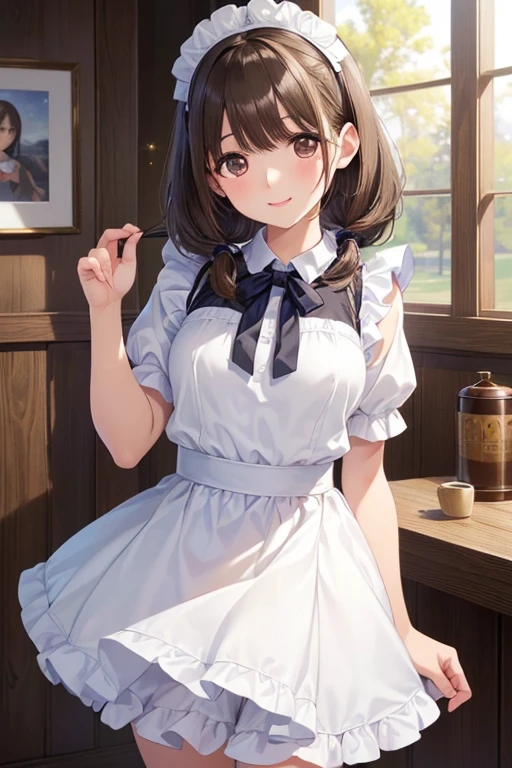 anegasaki nene、Shiny brown hair, short hair, (Beautiful brown eyes、Sparkling eyes, Fine grain)、smile、Ultra-detailed eyes、Highly detailed face, Highly detailed eyes,Cowboy Shot、
(((masterpiece, Highest quality, High resolution,8k))),(((beautiful girl))),Two Knots,Low Twintails,Medium chest:1.5,Medium Hair,Classic maid,