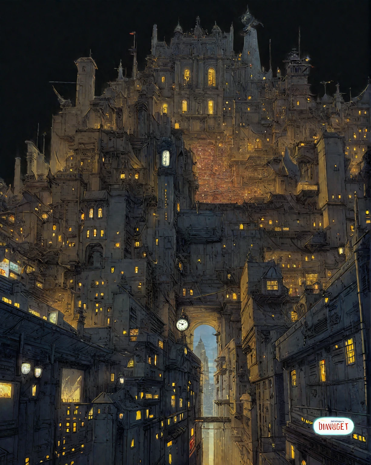 there is a drawing of a city with a clock tower, insanely highly detailed artwork, realistic painting of a complex, complex layered composition!!, expansive detailed layered city, realistic intricate concept art, big and structured valhalla city, multi layered huge architectures, insanely detailed art, atelier olschinsky, intricate cyberpunk city, intricate matte painting, intricate concept art