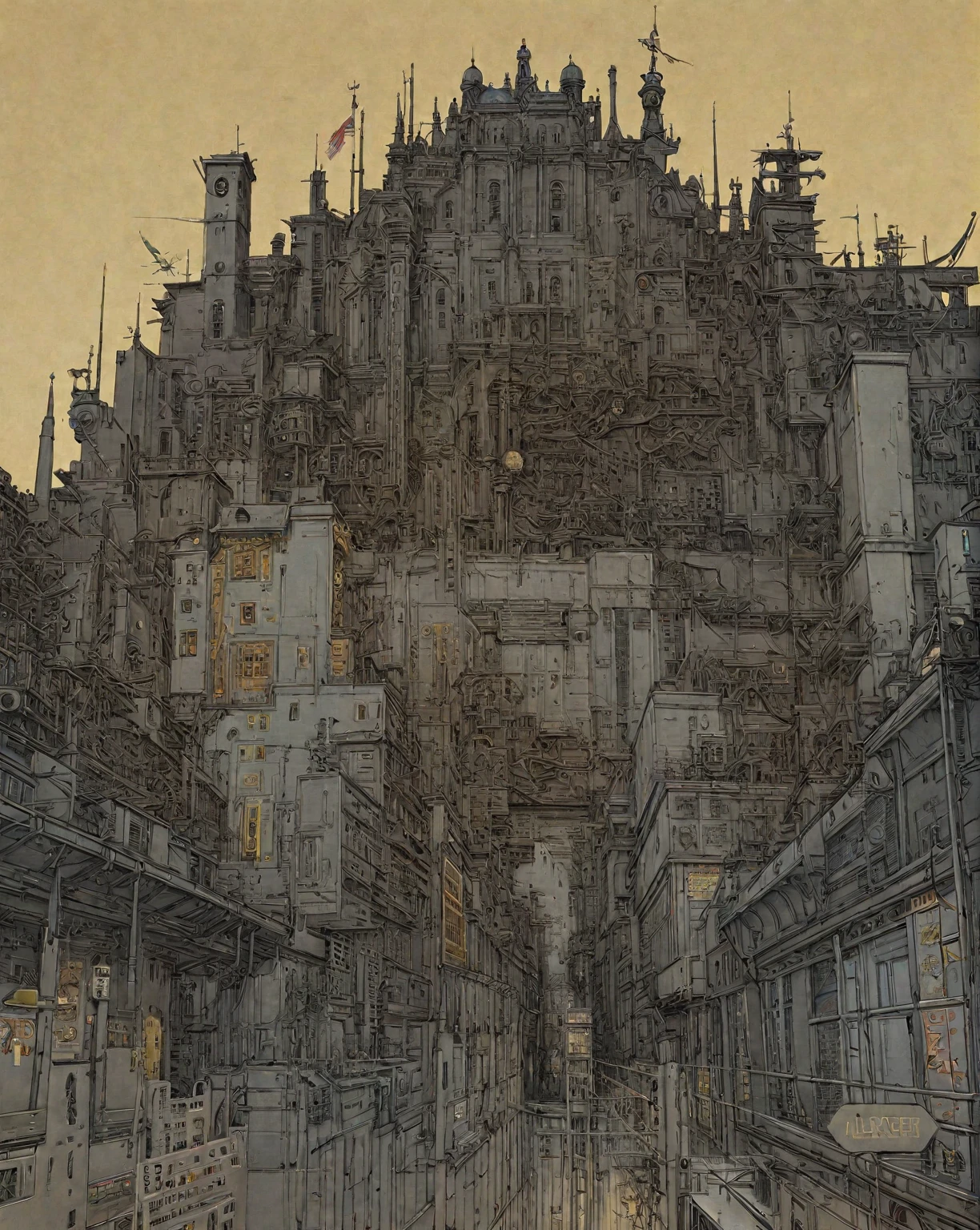 there is a drawing of a city with a clock tower, insanely highly detailed artwork, realistic painting of a complex, complex layered composition!!, expansive detailed layered city, realistic intricate concept art, big and structured valhalla city, multi layered huge architectures, insanely detailed art, atelier olschinsky, intricate cyberpunk city, intricate matte painting, intricate concept art