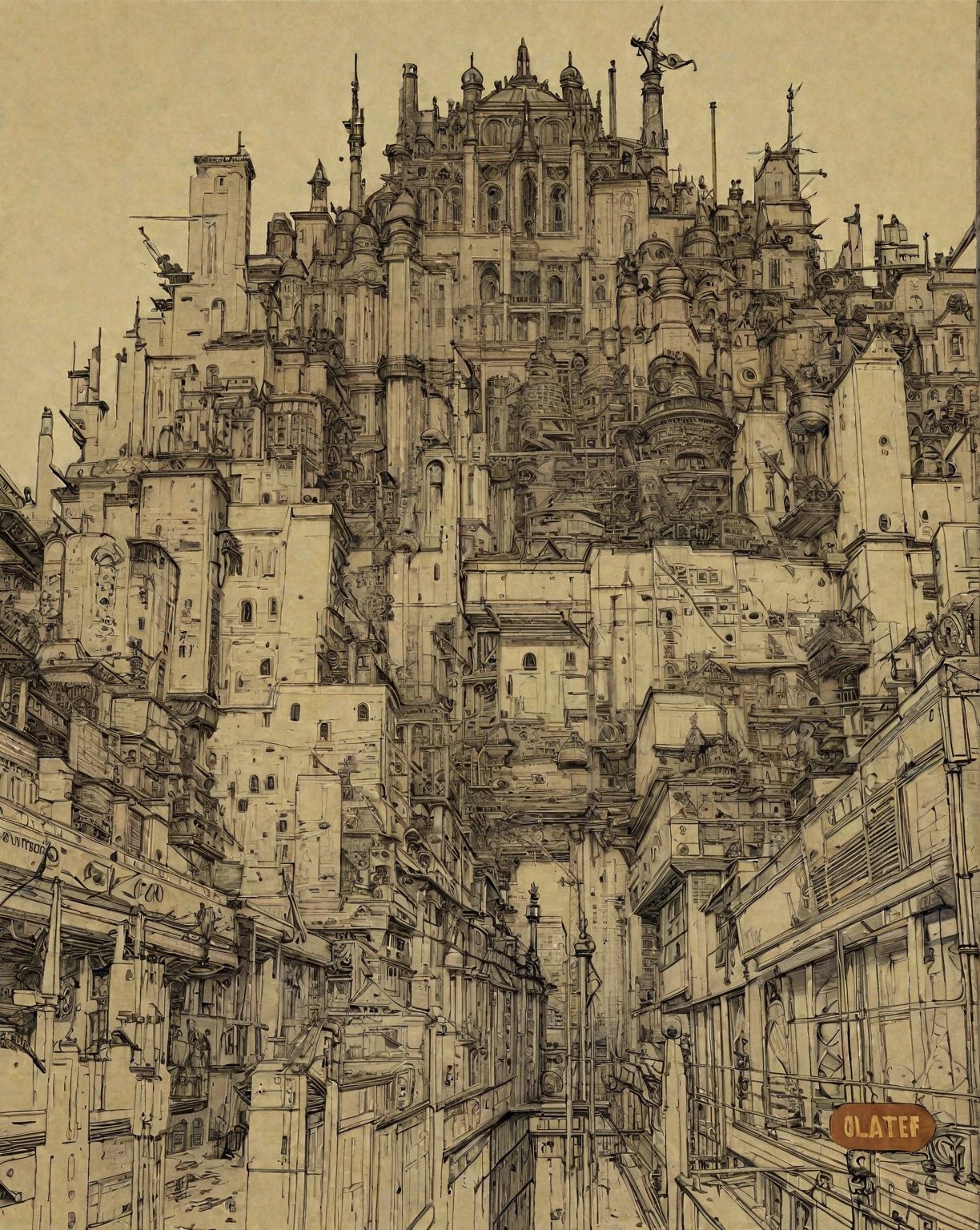 there is a drawing of a city with a clock tower, insanely highly detailed artwork, realistic painting of a complex, complex layered composition!!, expansive detailed layered city, realistic intricate concept art, big and structured valhalla city, multi layered huge architectures, insanely detailed art, atelier olschinsky, intricate cyberpunk city, intricate matte painting, intricate concept art