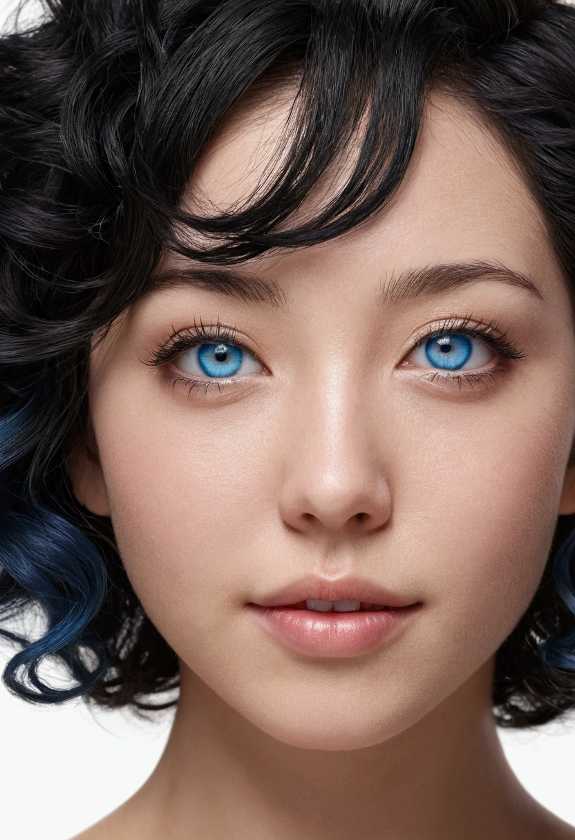 Bblack hair, アニメ, 吉卜力, estilo アニメ, close up, from sideways, first-person perspective, 8k, super detaill, work of art,super detaill, high qualiy, high resolution, high détail, White background, face detail, happiness, curly hair, blue colored eyes, topless