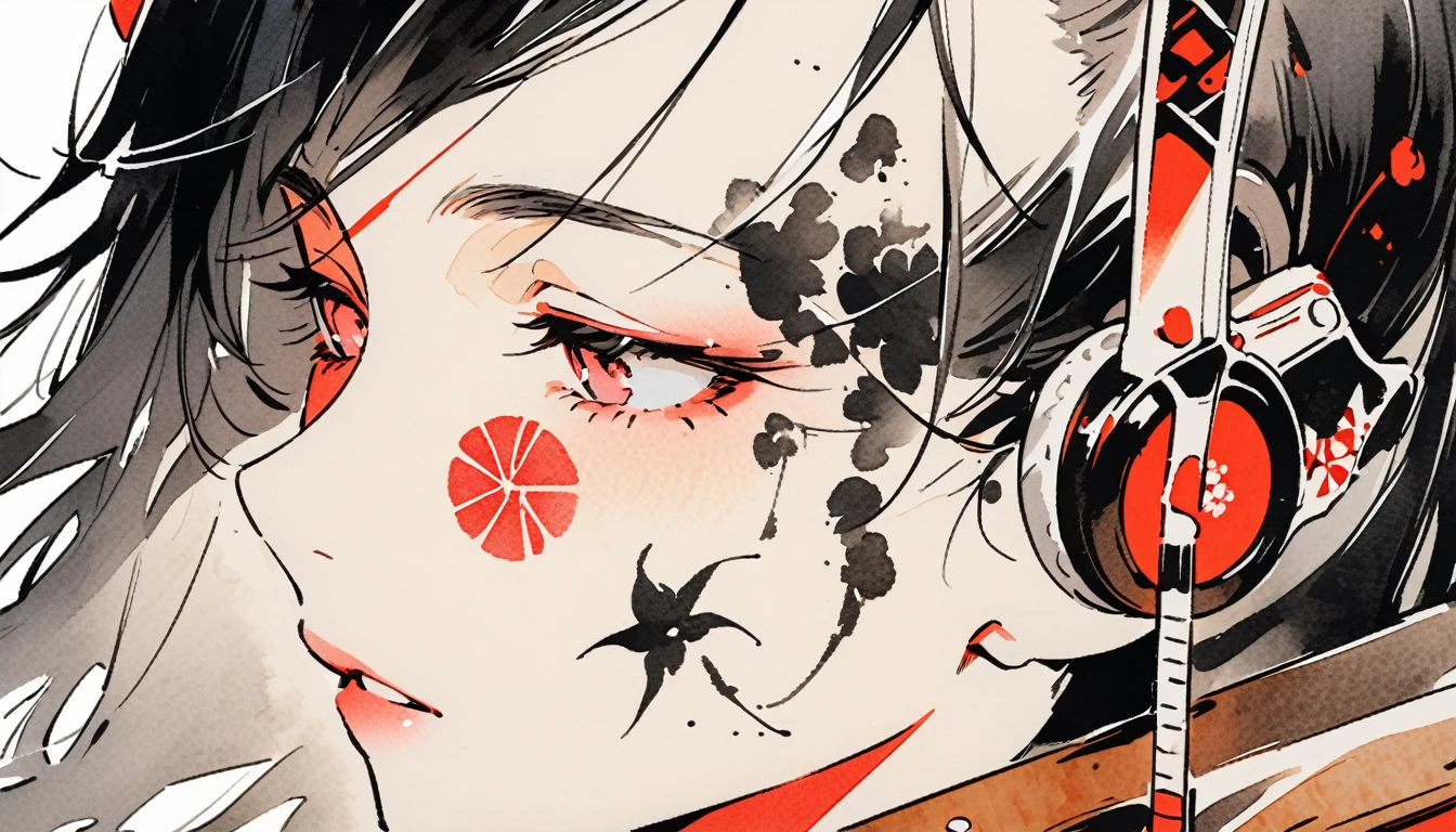 (((Ink Painting))), ((Japanese style headphones)), (((Japanese pattern tattoo on face))), face close up, Gorgeous hair accessories, Japan shamisen