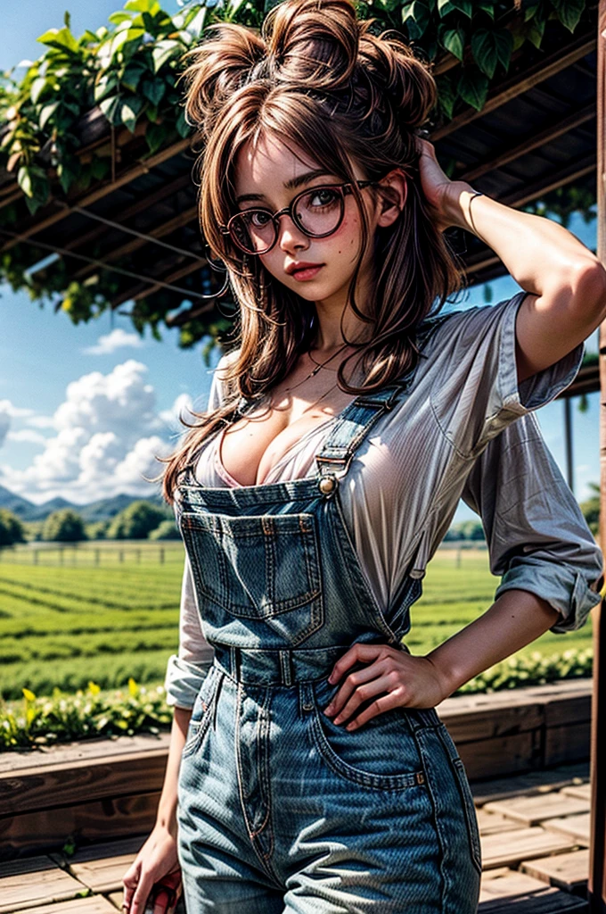 1 girl, brown hair, (pink hair highlights:0.8), farm girl, freckles, sexy farmer overalls, cleavage, round eyewear, glasses, streets, green eyes, solo, farm field, standing, arms behind back