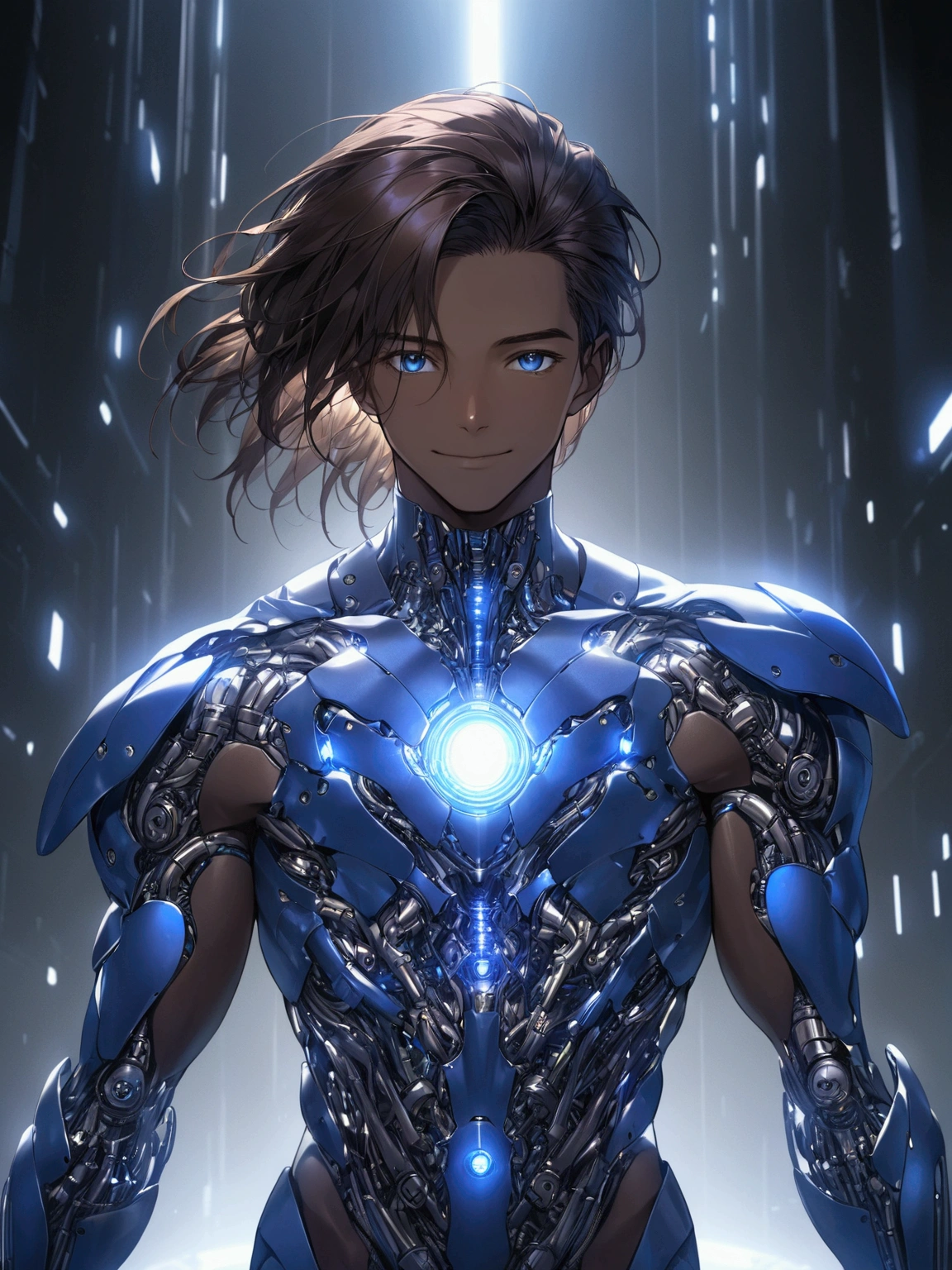 ((masterpiece)), ((best quality)), (from front, facing front), (cybernetic, cyber armor), (massive), 1man, adult man, solo, black skin, long brown hair, shining blue eyes, human body wearing blue cyber armor without helmet, smiling, hyper-detailed, cinematic lighting, chiaroscuro, intricate details, metallic sheen, futuristic, mechanical, striking, powerful, awe-inspiring, moody, atmospheric