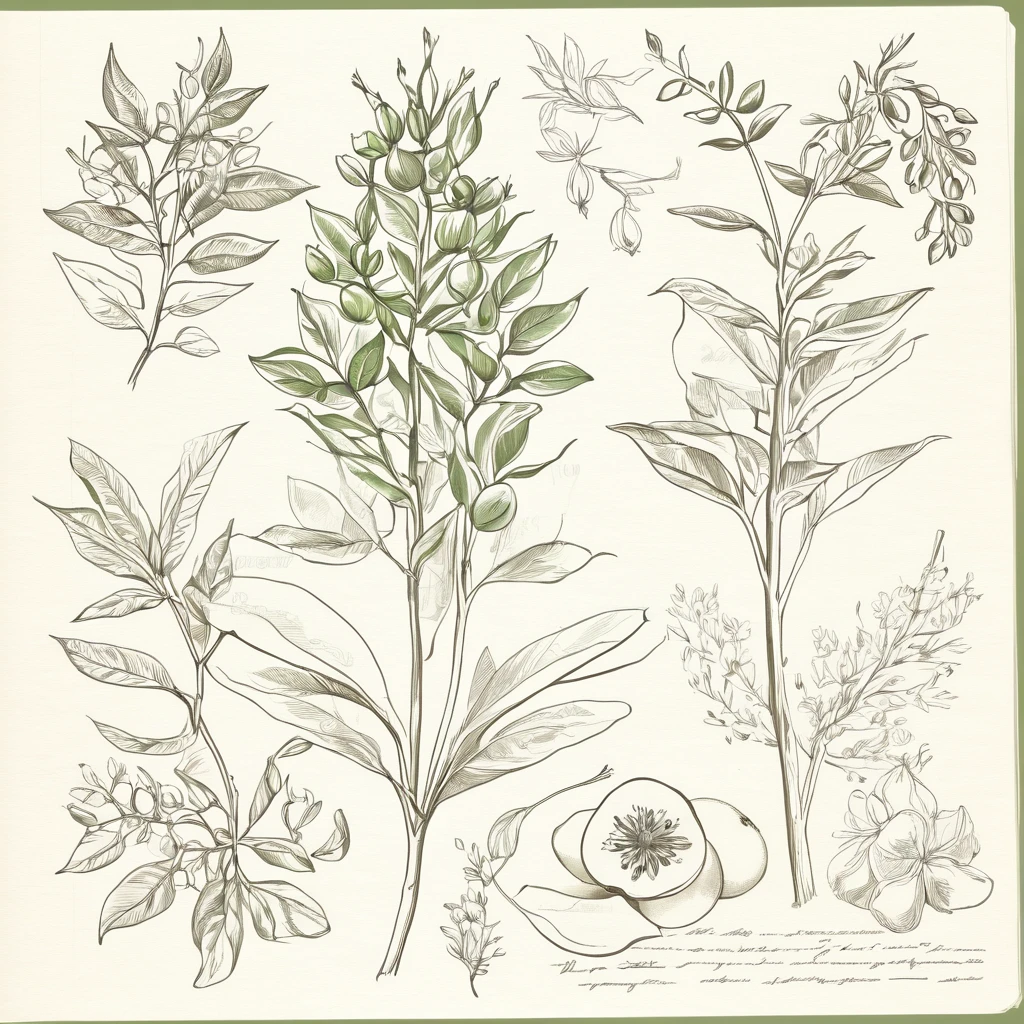 I want a drawing of a plant in the style of an old explanatory sketch, on a sheet of paper. The drawing must include all the elements of the plant: Estate, Stems, leaves, flowers and fruits. It is important that the style is detailed and realistic, as if it were part of a field notebook.The drawing should be in soft and natural tones, avoiding strong colors. Colors should be subtle, similar to those that might have been used in old illustrations, with a palette of greens, brown and cream tones. Illustrations must include anatomical details, as cross sections of fruits and seeds. from the pear