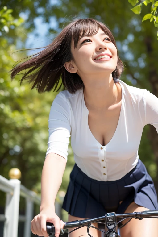 (RAW Photos), (Photorealistic), (masterpiece), (Highest quality), High resolution, 8k resolution, (Exquisite detail), (Volumetric Light),  woman, Age 35, short hair, Straight hair, Brown haired, Very thin, Very white and clear skin,Highly detailed eyes, Source Sequence, Very thin eyebrows, eyelash,The ultimate beauty,Cute like an idol, smile,  (上品で透明感のあるWhite blouse), Random body orientation,Medium chest,Beautiful Japanese office lady, White blouse，Ultra-mini pleated skirt, Lace pantyhose, Random Color, Cute Face, Real Light, Correct Anatomy, Riding a bike 1.4、City bike,  Very low saddle, Sit on the saddle、Grip the steering wheel with both hands,Look straight ahead,womanは視聴者を見ていない, Pedaling, From below1.4、(((Low angle 1.4))), In the city, There is a strong headwind, Skirt flipped up, (((Her panties are visible))), Beautiful long legs, (((かなりFrom below1.4))), Thin thighs, Viewers looking up,From below,From below,(((low angle full body shot, from below angle, focus saddle, zoom from ground height,dog eye height))), not forward leaning posture, Not a car, From the back