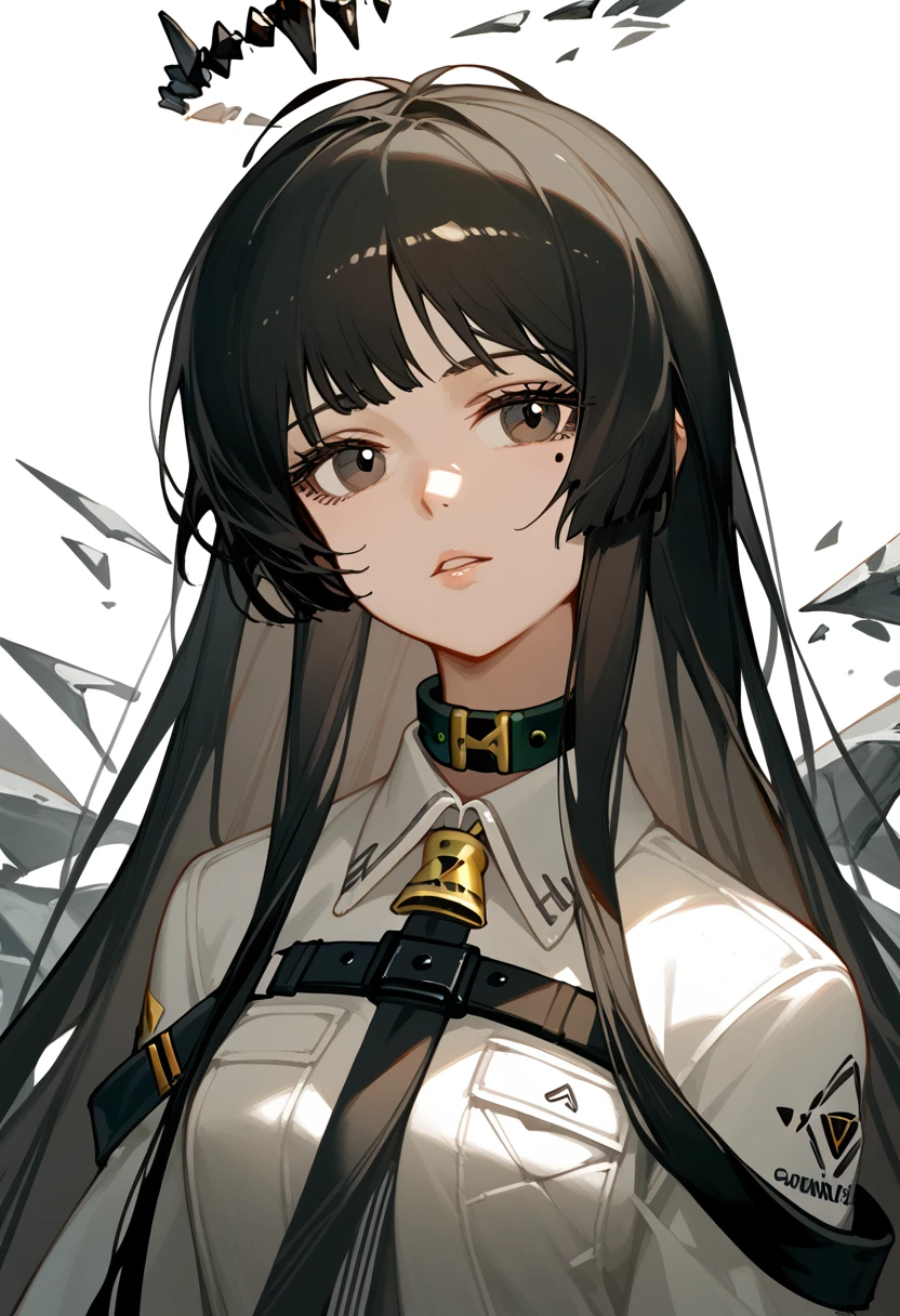 score_9, score_8_climb, score_7_climb, genius-arknights, 1 girl, black hair, smooth, blunt, long hair, broken radius, black eyes, Mole under the eye, white shirt, collar shirt, look at viewer, relax, Chapped lips, Portrait, white background