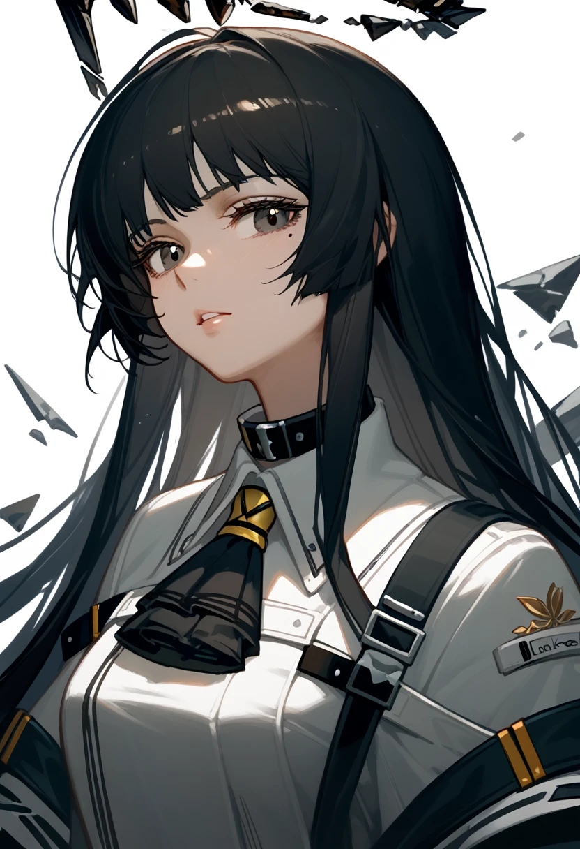 score_9, score_8_climb, score_7_climb, genius-arknights, 1 girl, black hair, smooth, blunt, long hair, broken radius, black eyes, Mole under the eye, white shirt, collar shirt, look at viewer, relax, Chapped lips, Portrait, white background