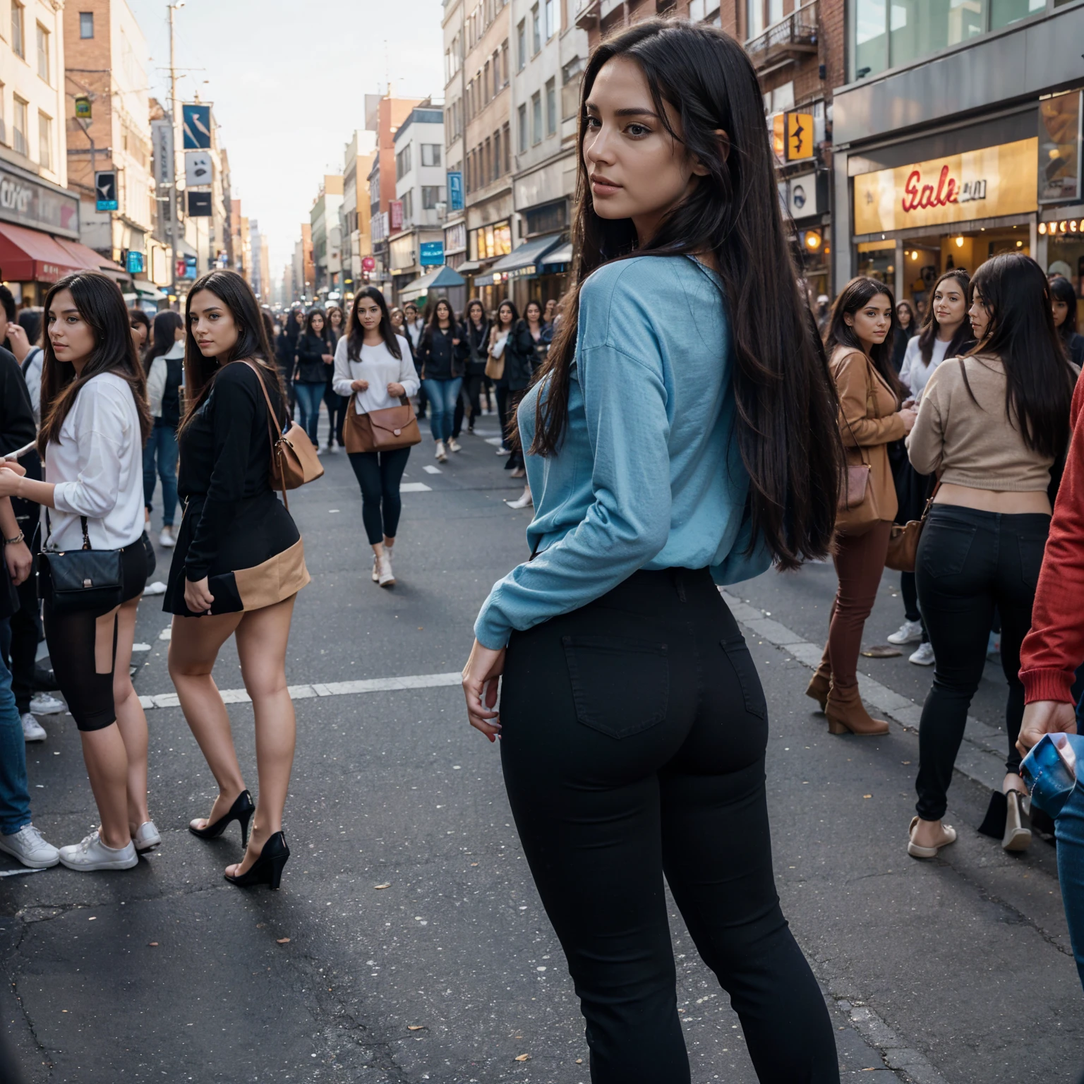 Best quality, high resolution, ultra detailed: 1.2), HDR, vivid colors, beautiful brunette girl with long black hair, unrepeatable face, sexy, on a large avenue, posing, hands in hair, animated atmosphere, stunning view, tight clothing , red jeans, black t-shirt, modern tights, modern dress, colorful summer clothes, sweater, cheerful expression, long loose hair, bustling crowd, detailed face, blue eyes, carefree moments. Super detailed, high quality, photograph taken from the rear,