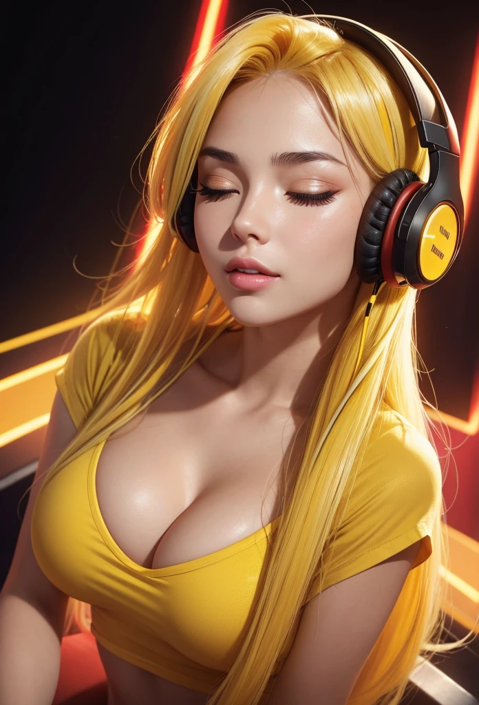 Close-up of a beautiful girl with eyes closed in satisfaction very long eyelashes with thick split lips bright yellow hair big breasts wearing a tight top, He is listening to music with his headphones, on a stage of very bright red and yellow LED lights with blur, very perfect and detailed high resolution image((Perfect face)